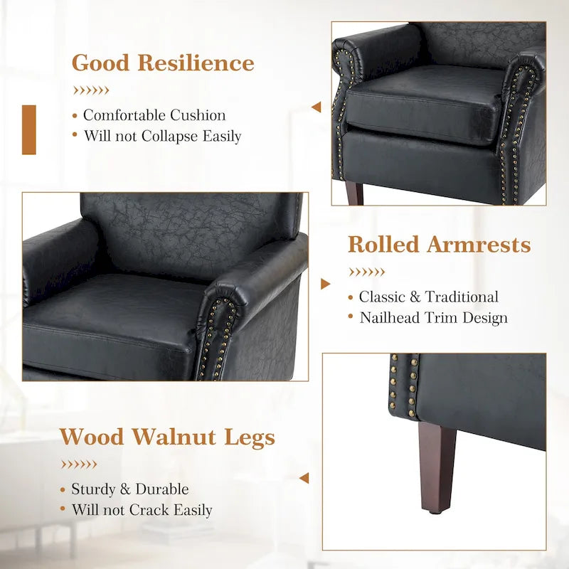 Fauteuil en cuir de transition avec clous décoratifs et accoudoirs roulés