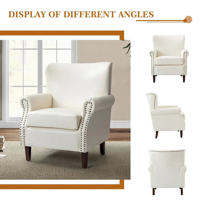 Fauteuil en cuir de transition avec clous décoratifs et accoudoirs roulés