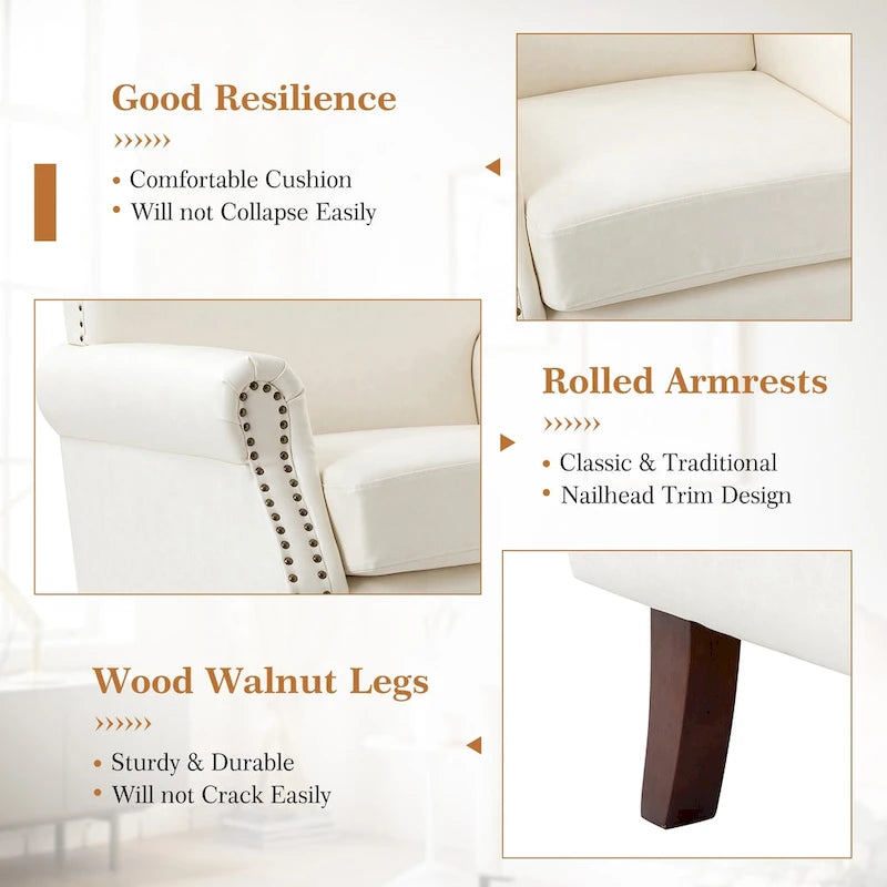 Fauteuil en cuir de transition avec clous décoratifs et accoudoirs roulés