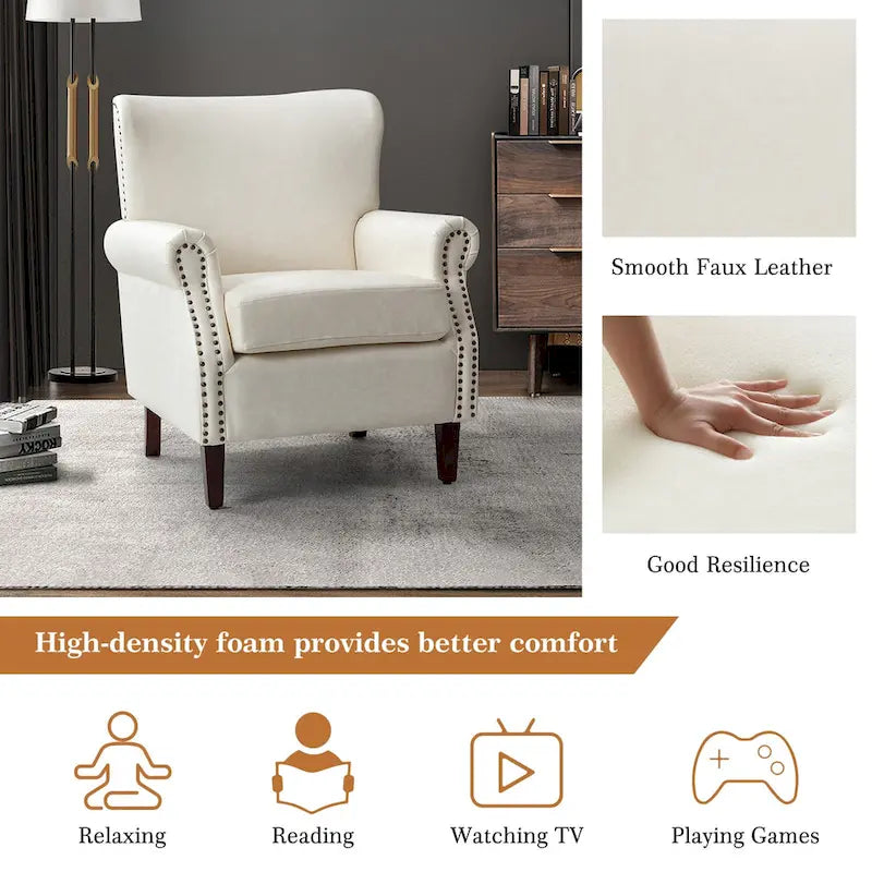 Fauteuil en cuir de transition avec clous décoratifs et accoudoirs roulés