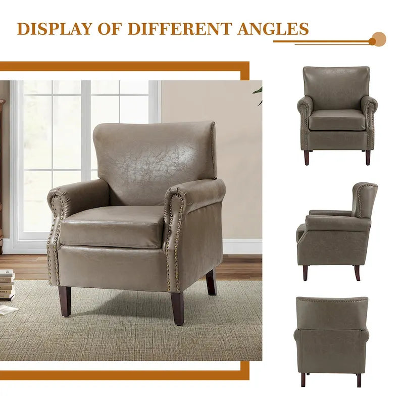 Fauteuil en cuir de transition avec clous décoratifs et accoudoirs roulés