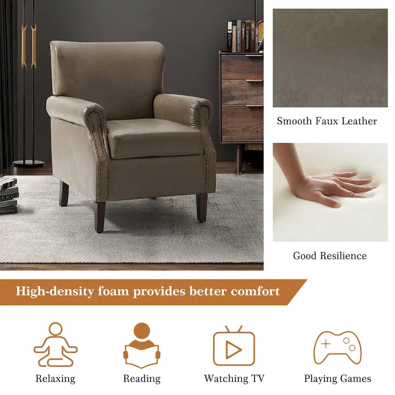 Fauteuil en cuir de transition avec clous décoratifs et accoudoirs roulés