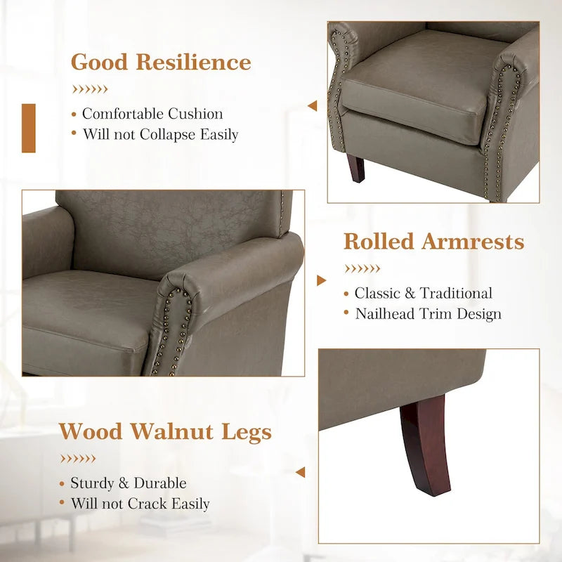 Fauteuil en cuir de transition avec clous décoratifs et accoudoirs roulés