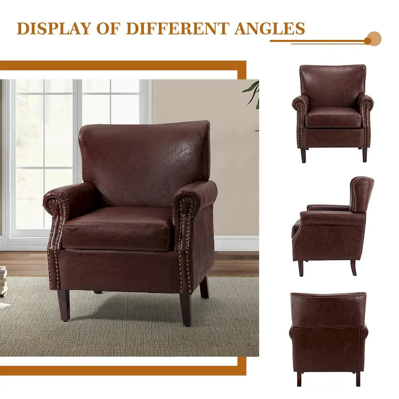 Fauteuil en cuir de transition avec clous décoratifs et accoudoirs roulés