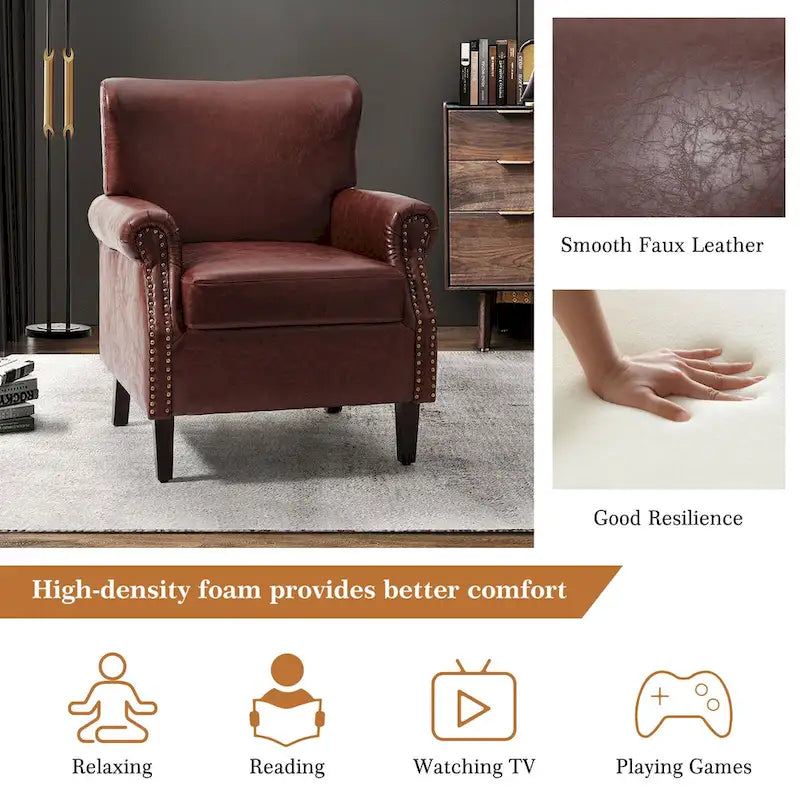 Fauteuil en cuir de transition avec clous décoratifs et accoudoirs roulés