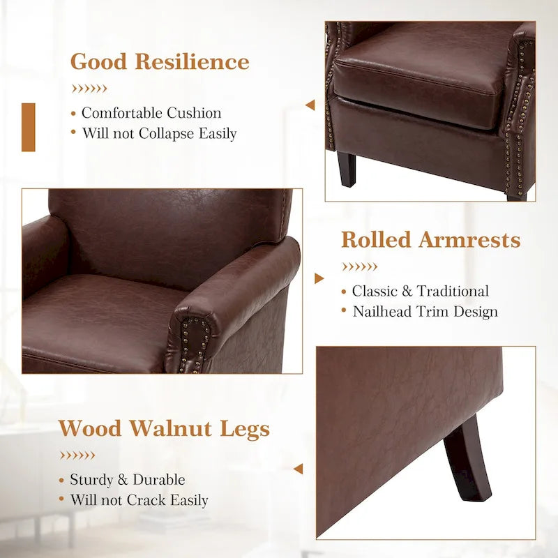 Fauteuil en cuir de transition avec clous décoratifs et accoudoirs roulés
