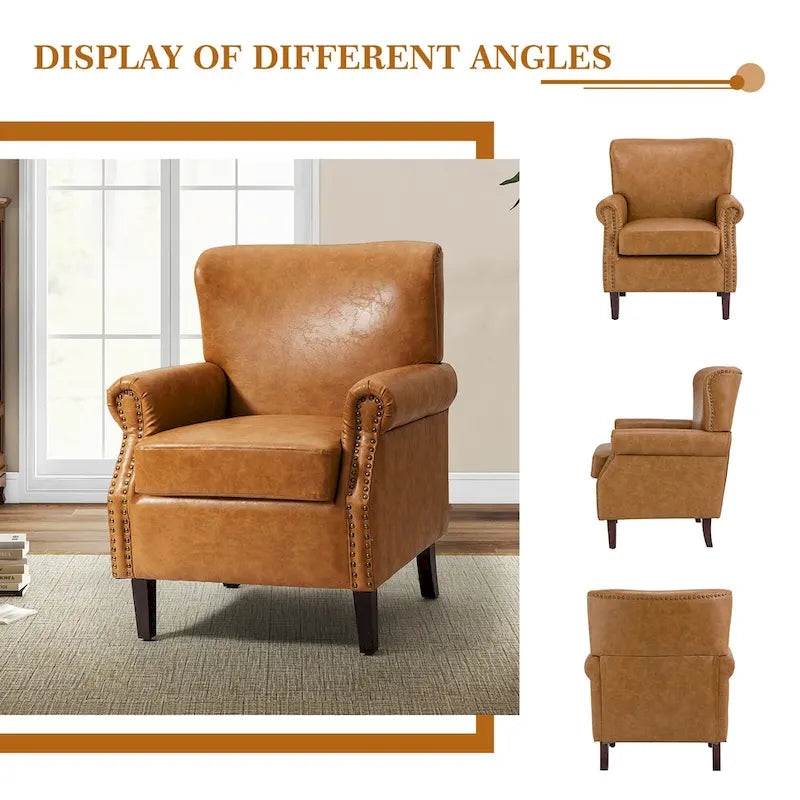 Fauteuil en cuir de transition avec clous décoratifs et accoudoirs roulés