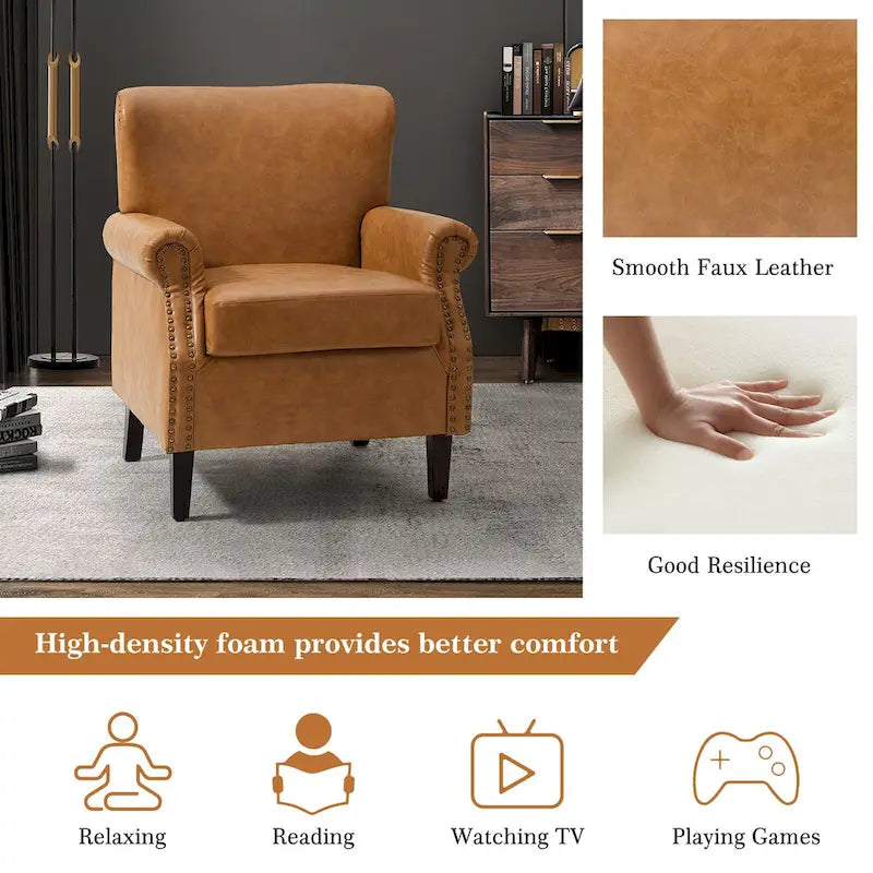 Fauteuil en cuir de transition avec clous décoratifs et accoudoirs roulés