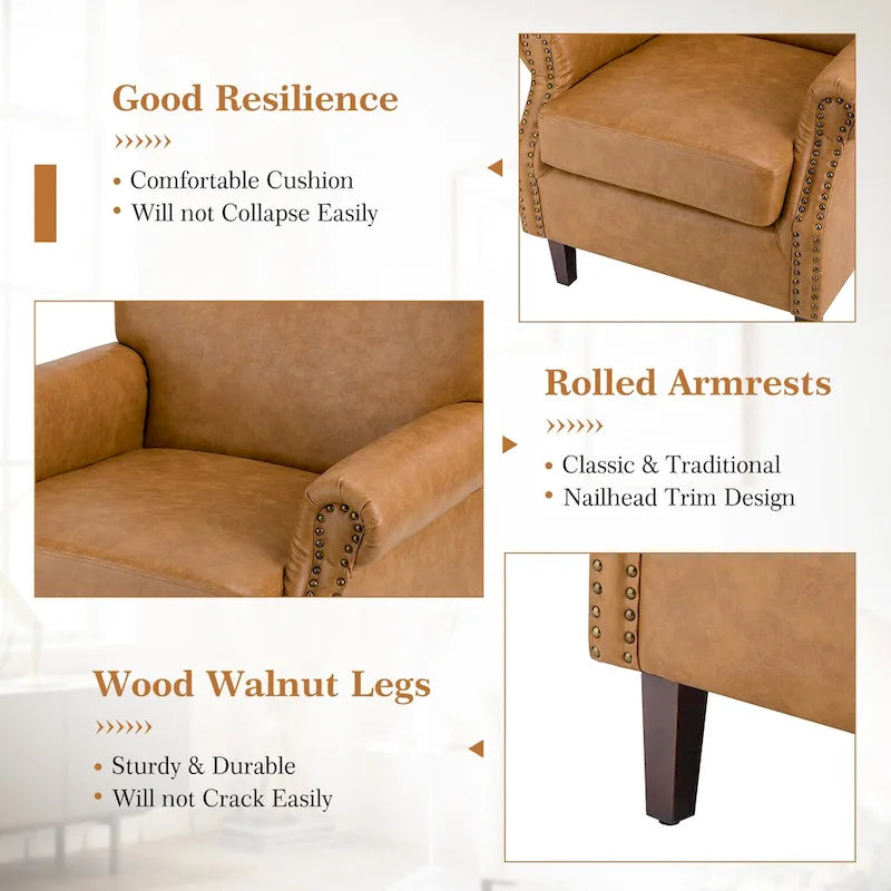 Fauteuil en cuir de transition avec clous décoratifs et accoudoirs roulés