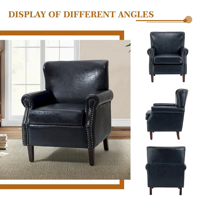 Fauteuil en cuir de transition avec clous décoratifs et accoudoirs roulés