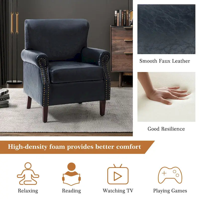 Fauteuil en cuir de transition avec clous décoratifs et accoudoirs roulés