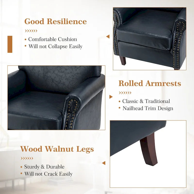 Fauteuil en cuir de transition avec clous décoratifs et accoudoirs roulés