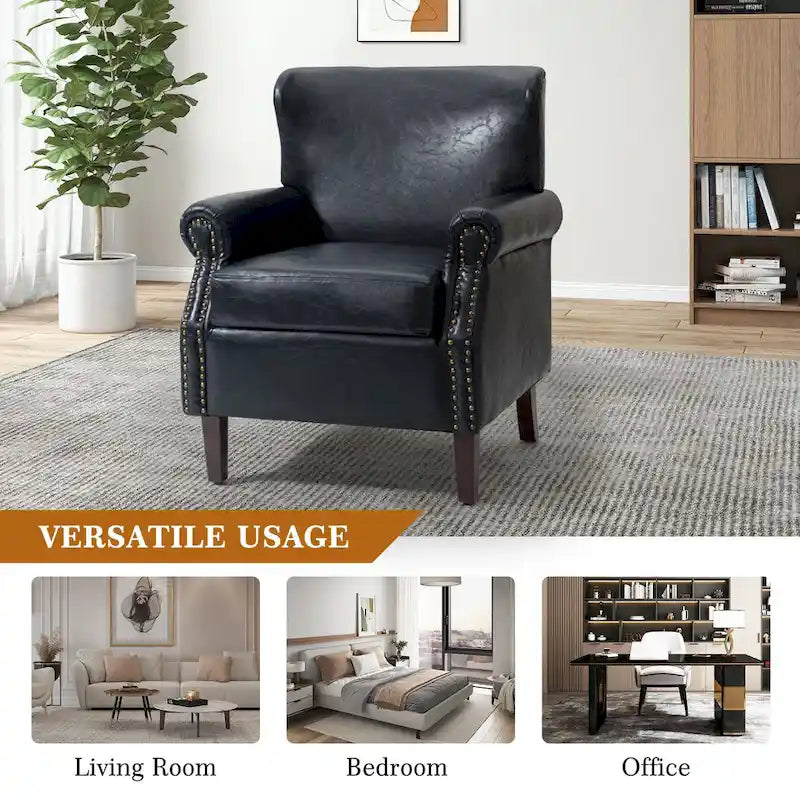 Fauteuil en cuir de transition avec clous décoratifs et accoudoirs roulés