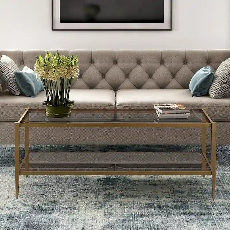 Table basse rectangulaire en verre avec étagère inférieure en miroir