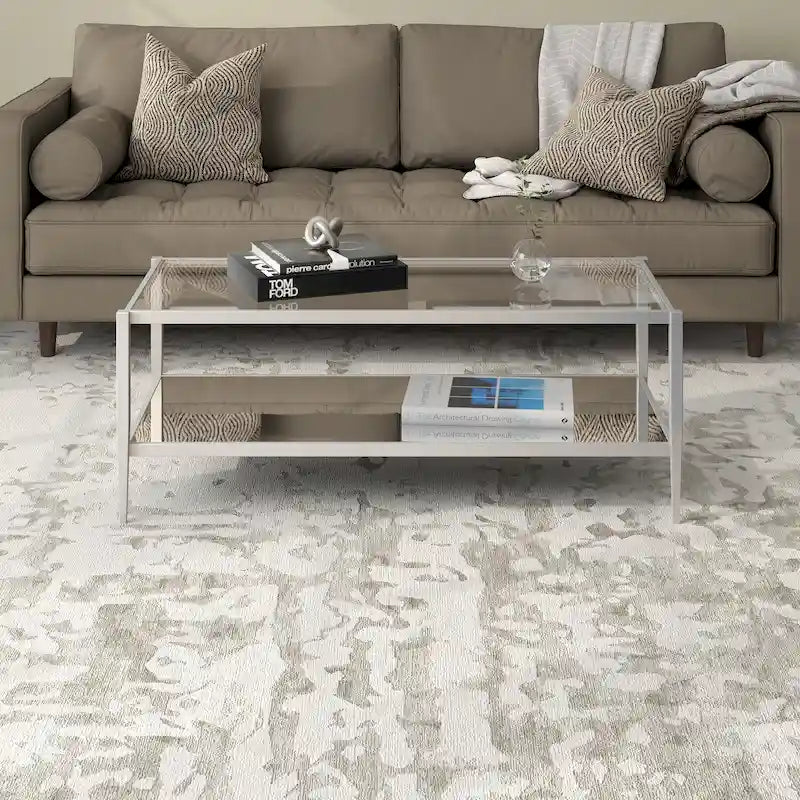 Table basse rectangulaire en verre avec étagère inférieure en miroir