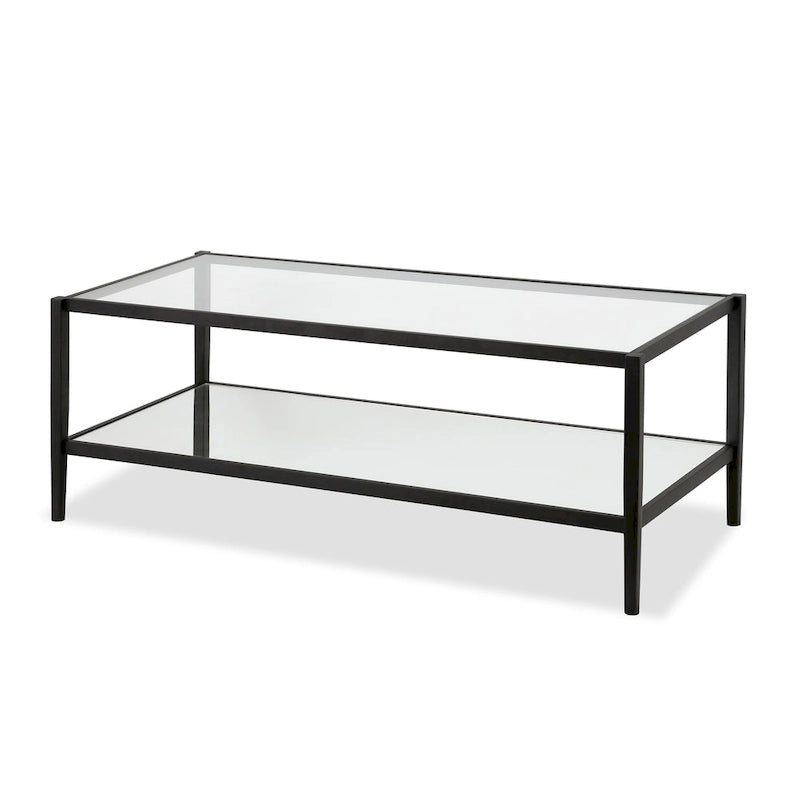 Table basse rectangulaire en verre avec étagère inférieure en miroir