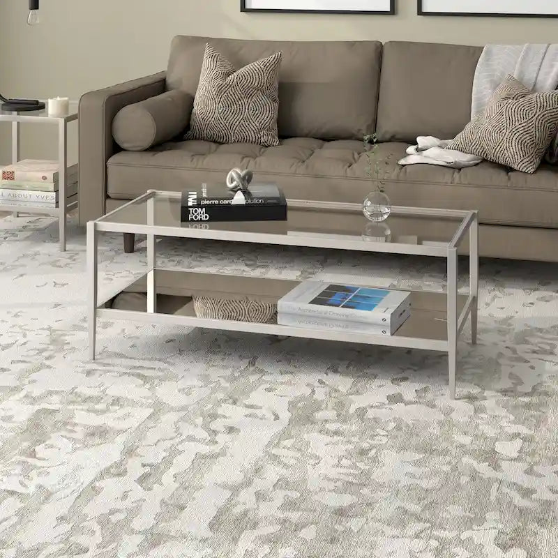 Table basse rectangulaire en verre avec étagère inférieure en miroir