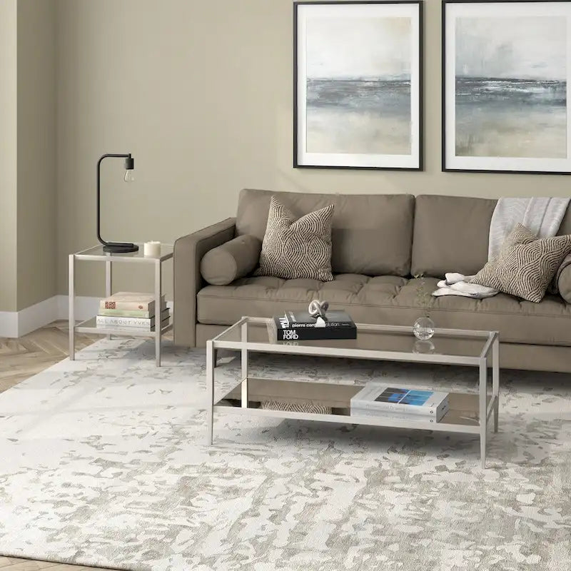 Table basse rectangulaire en verre avec étagère inférieure en miroir