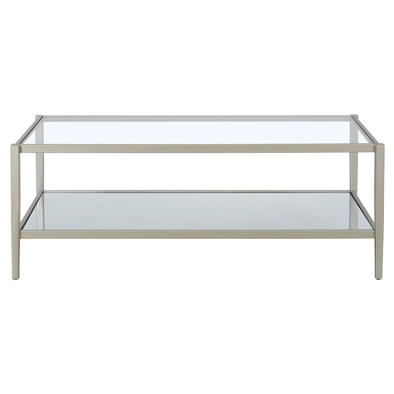 Table basse rectangulaire en verre avec étagère inférieure en miroir