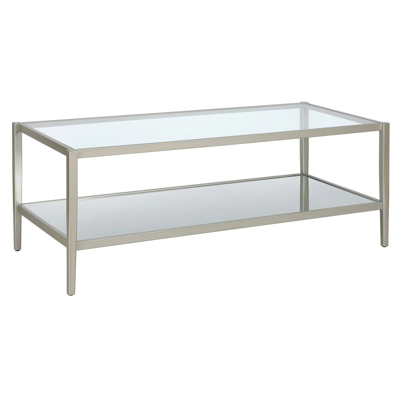 Table basse rectangulaire en verre avec étagère inférieure en miroir