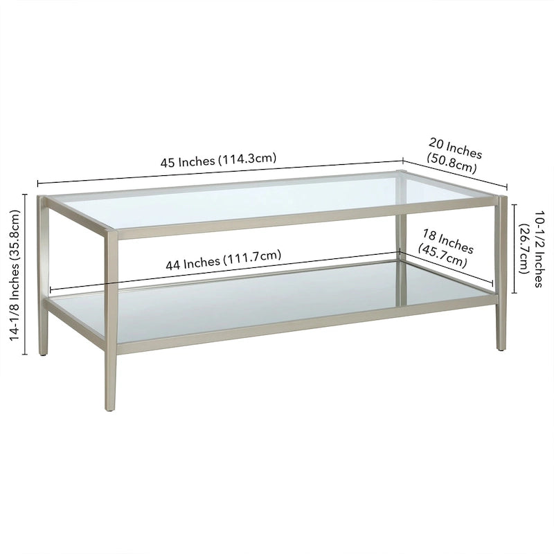 Table basse rectangulaire en verre avec étagère inférieure en miroir