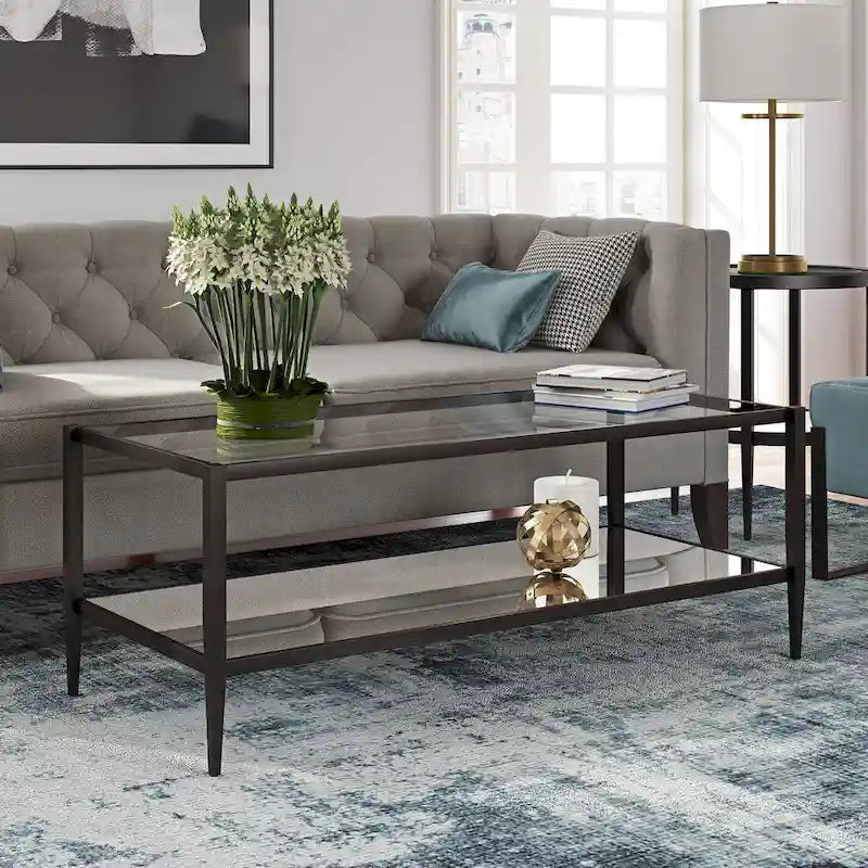 Table basse rectangulaire en verre avec étagère inférieure en miroir