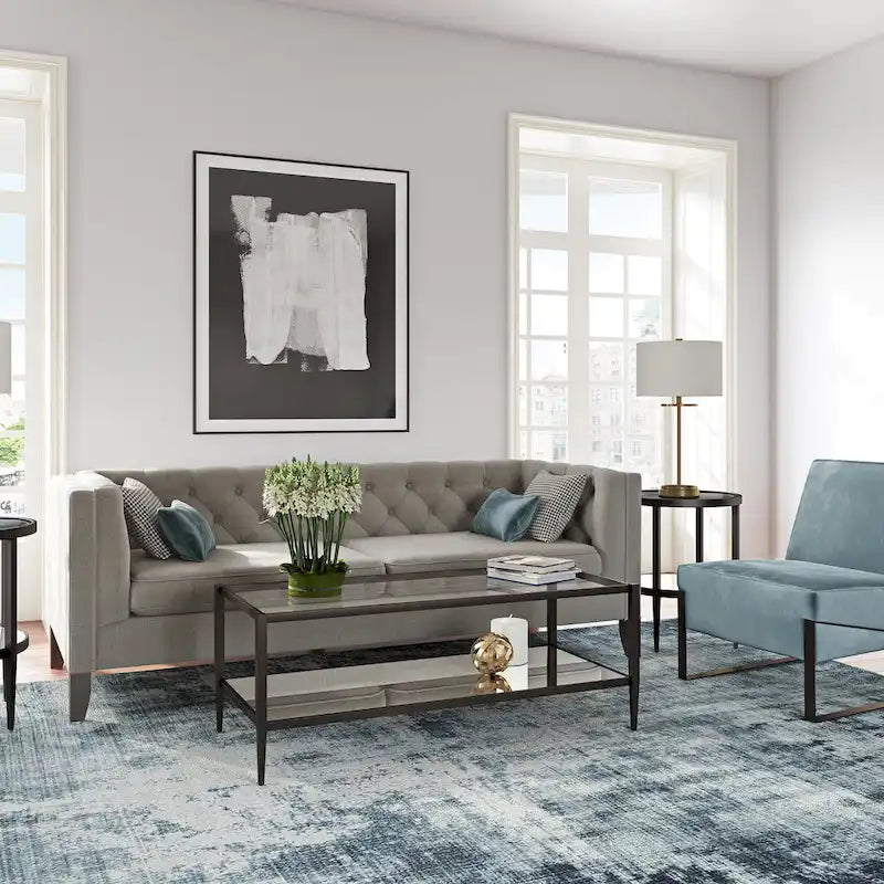 Table basse rectangulaire en verre avec étagère inférieure en miroir