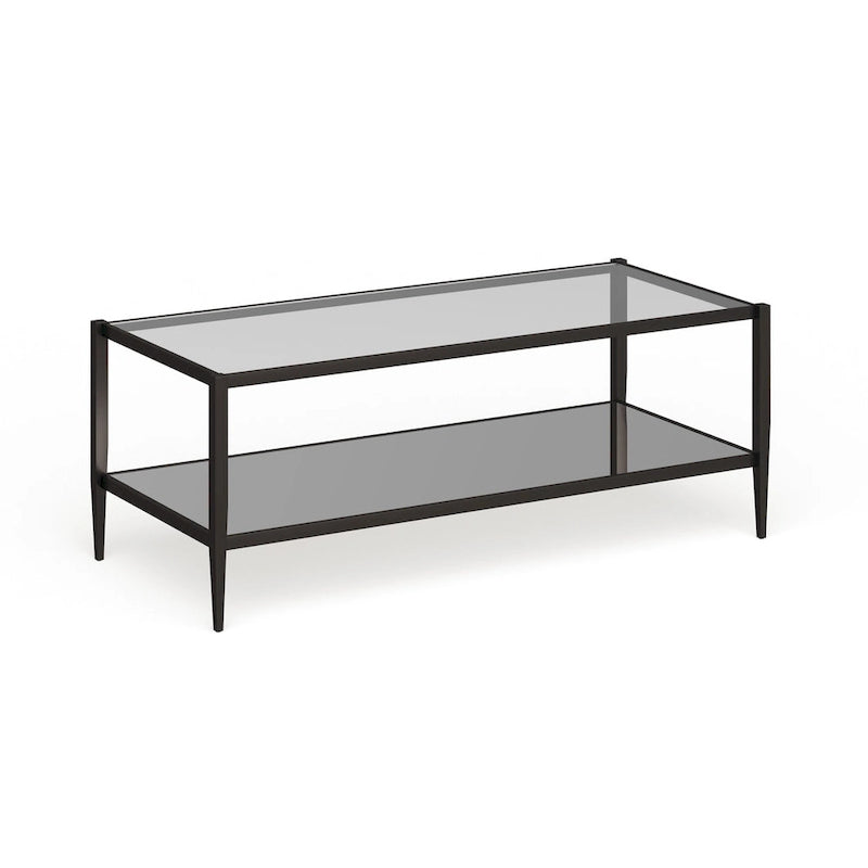 Table basse rectangulaire en verre avec étagère inférieure en miroir