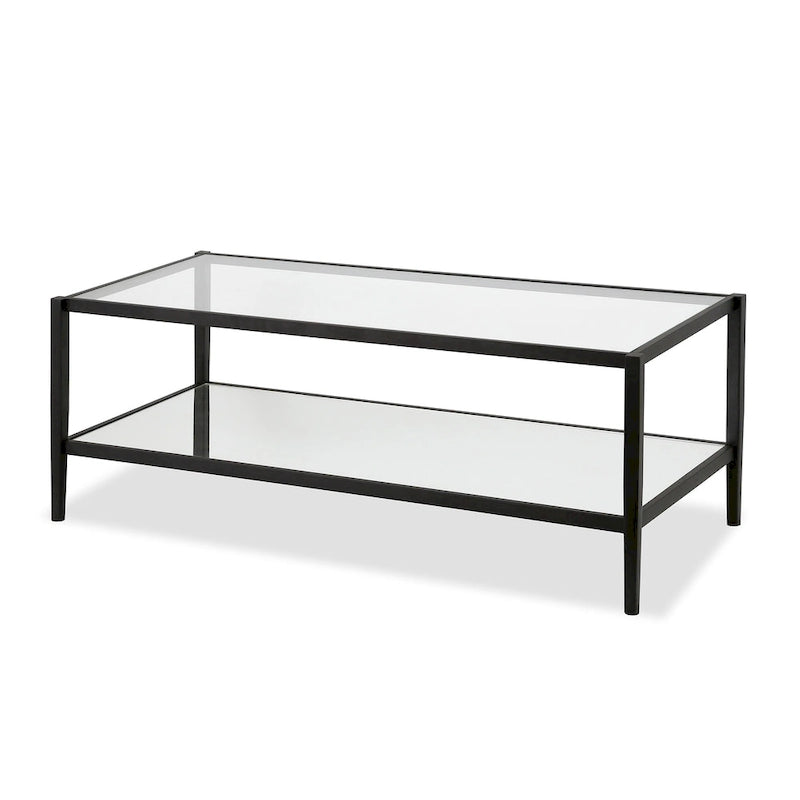 Table basse rectangulaire en verre avec étagère inférieure en miroir