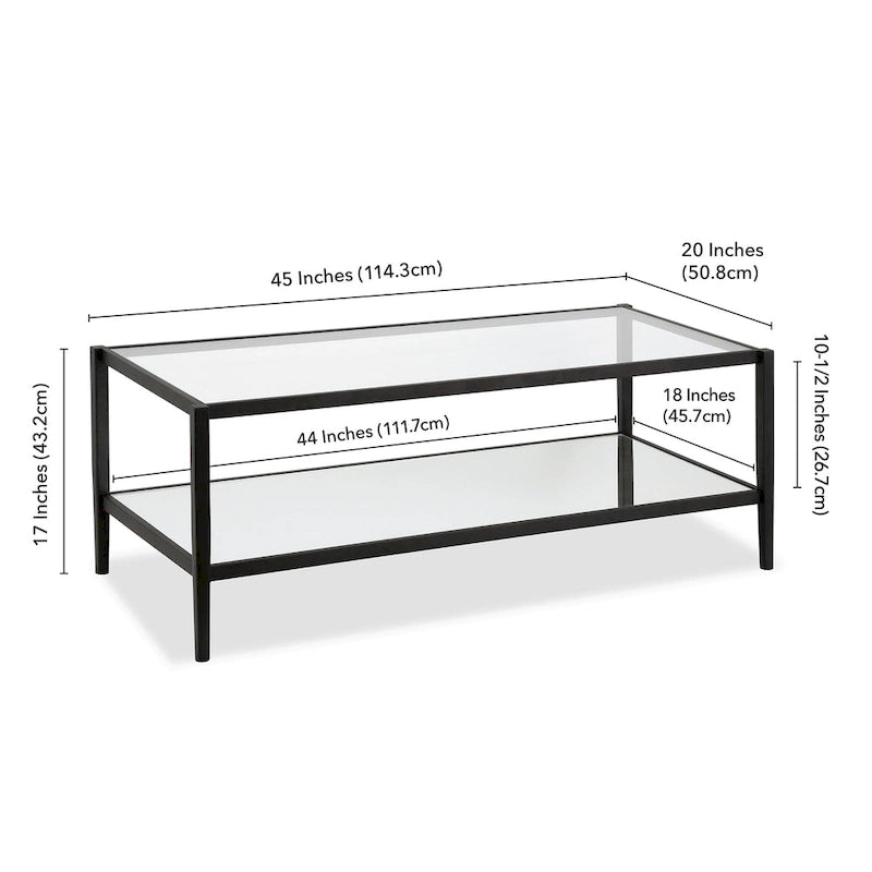 Table basse rectangulaire en verre avec étagère inférieure en miroir