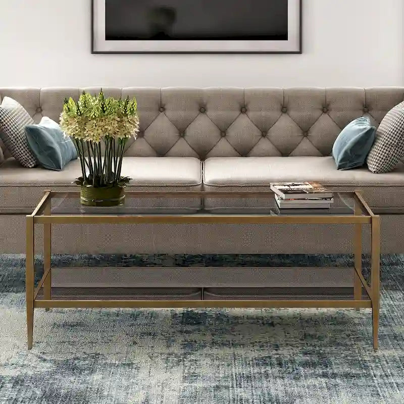Table basse rectangulaire en verre avec étagère inférieure en miroir