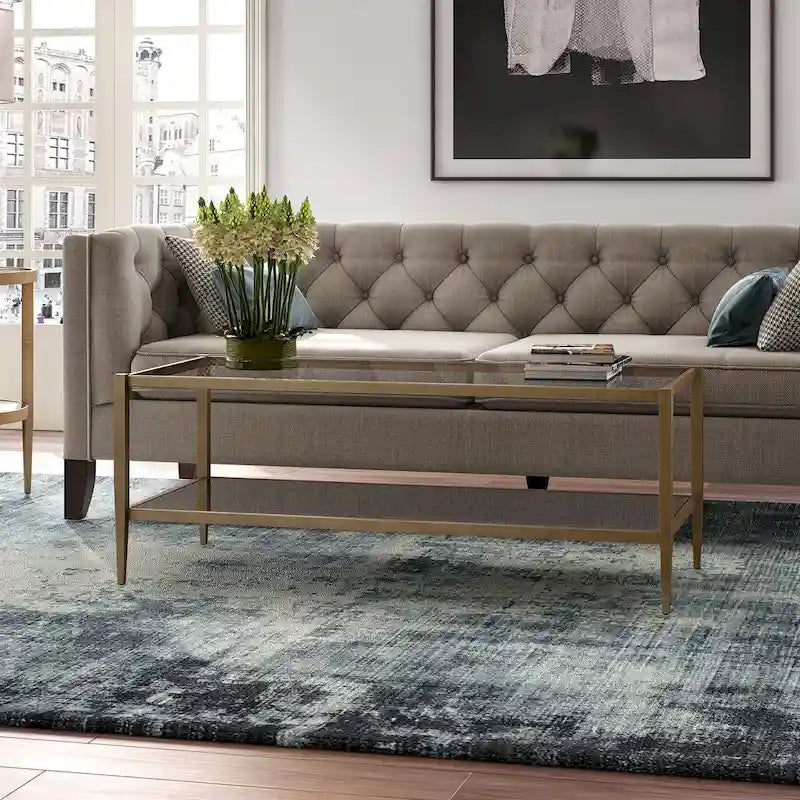Table basse rectangulaire en verre avec étagère inférieure en miroir