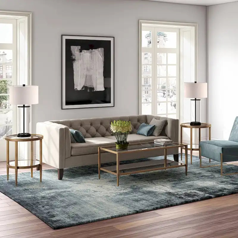 Table basse rectangulaire en verre avec étagère inférieure en miroir