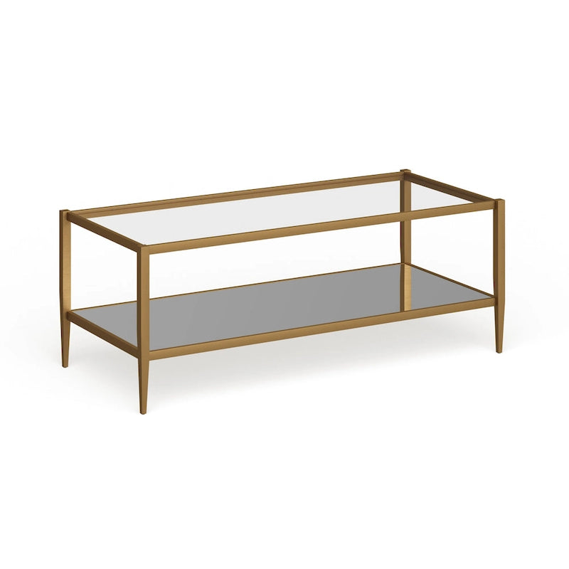 Table basse rectangulaire en verre avec étagère inférieure en miroir