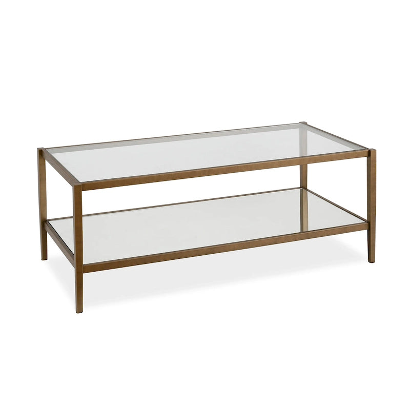 Table basse rectangulaire en verre avec étagère inférieure en miroir