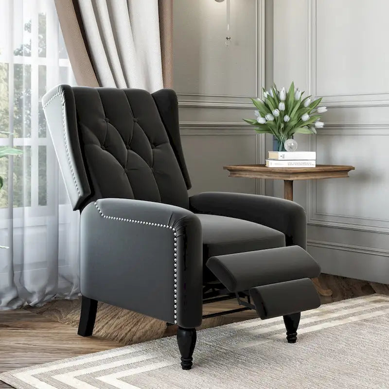 Fauteuil inclinable à dossier haut en velours avec dossier inclinable et garniture cloutée