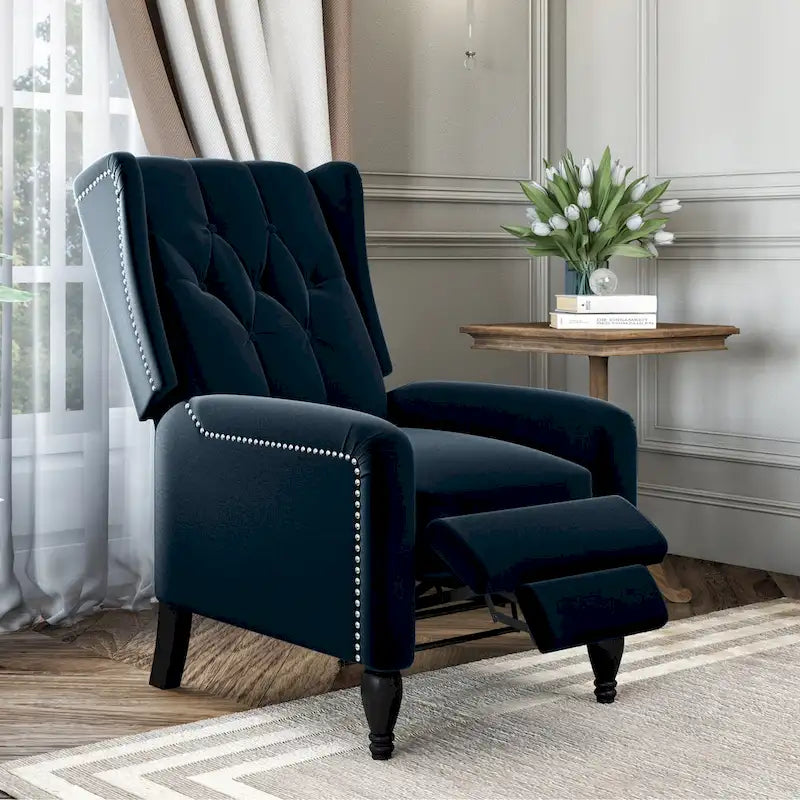 Fauteuil inclinable à dossier haut en velours avec dossier inclinable et garniture cloutée