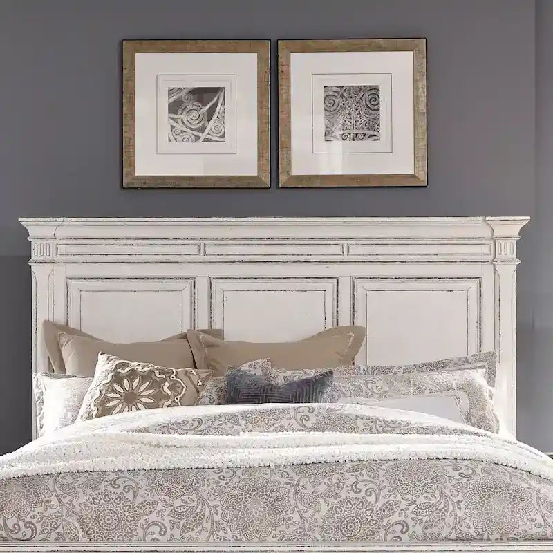 Tête de lit Queen en panneaux avec moulures couronnées et panneaux surélevés – Fini blanc antique
