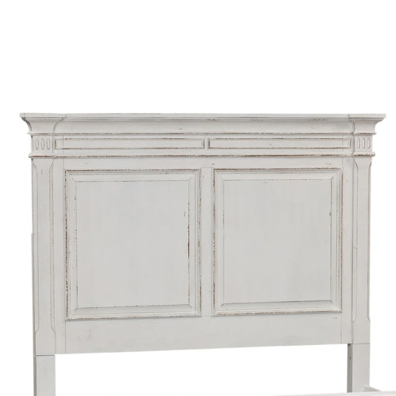Tête de lit Queen en panneaux avec moulures couronnées et panneaux surélevés – Fini blanc antique