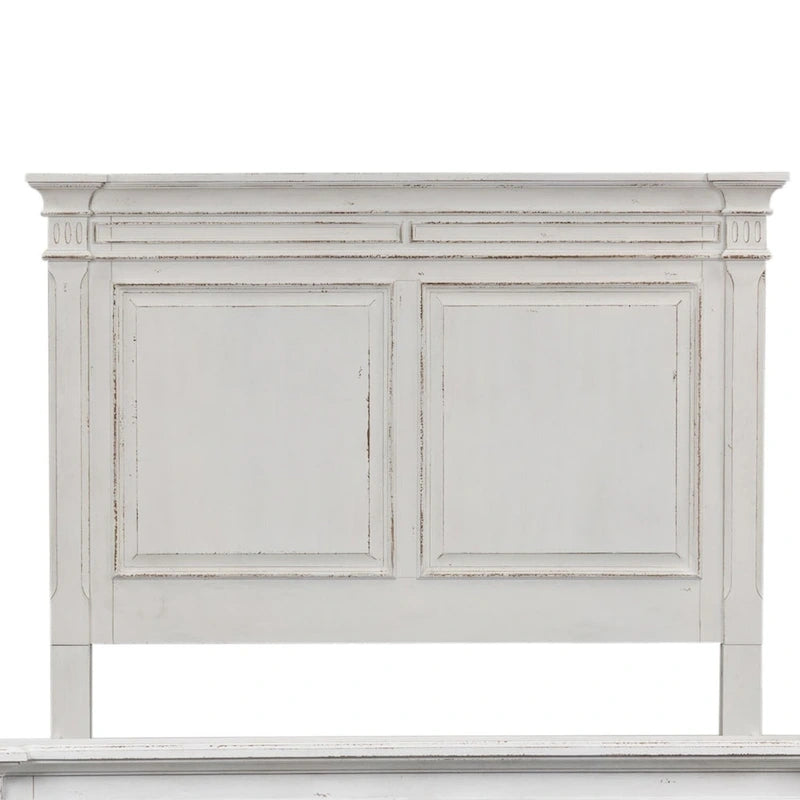 Tête de lit Queen en panneaux avec moulures couronnées et panneaux surélevés – Fini blanc antique