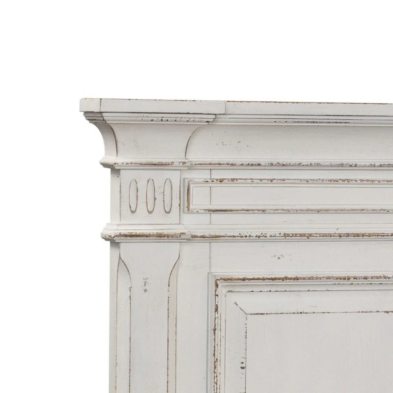 Tête de lit Queen en panneaux avec moulures couronnées et panneaux surélevés – Fini blanc antique