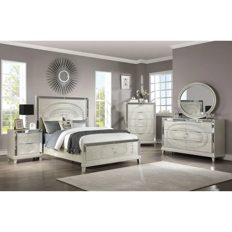 Lit à panneau sculpté en bois champagne Glam Boho