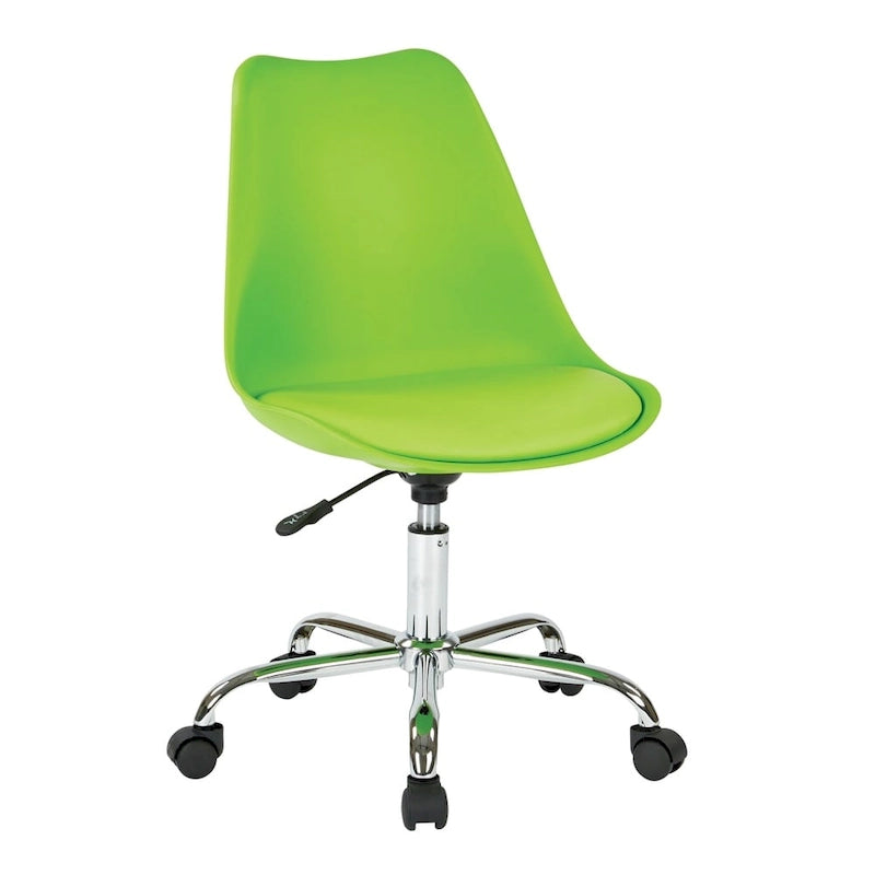 Fauteuil de bureau pneumatique pivotant avec piètement chromé et assise en tissu coloré