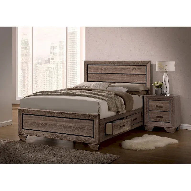 Cadre de lit en bois grainé taupe délavé avec tiroirs de rangement — Grand lit / Très grand lit / Très grand lit californien