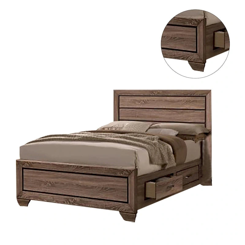 Cadre de lit en bois grainé taupe délavé avec tiroirs de rangement — Grand lit / Très grand lit / Très grand lit californien