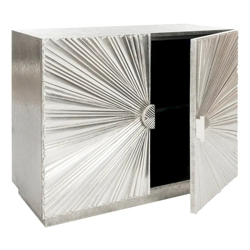Buffet d'appoint 2 portes Sunburst avec motif étoile sculpté – Finition argentée