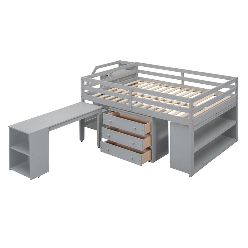 Lit mezzanine double avec bureau rétractable, escalier de rangement et 3 tiroirs
