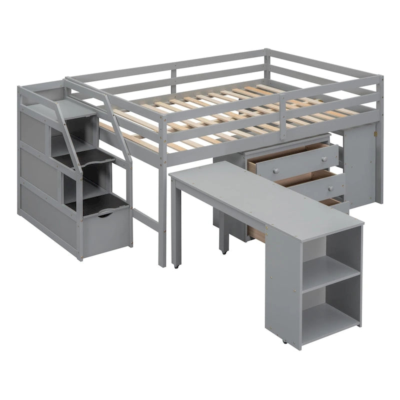Lit mezzanine double avec bureau rétractable, escalier de rangement et 3 tiroirs