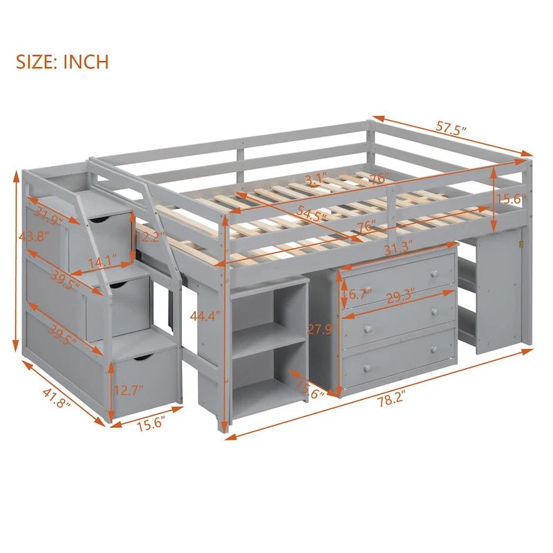 Lit mezzanine double avec bureau rétractable, escalier de rangement et 3 tiroirs