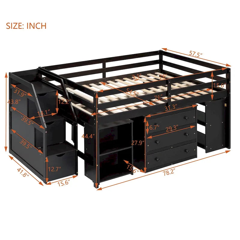 Lit mezzanine double avec bureau rétractable, escalier de rangement et 3 tiroirs